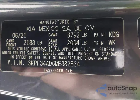 2021 Kia Forte Gt Line z USA, uszkodzony, nr VIN 3KPF34AD6ME382834